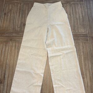 Zara, beige/off-white linen-blend wide-leg pants.